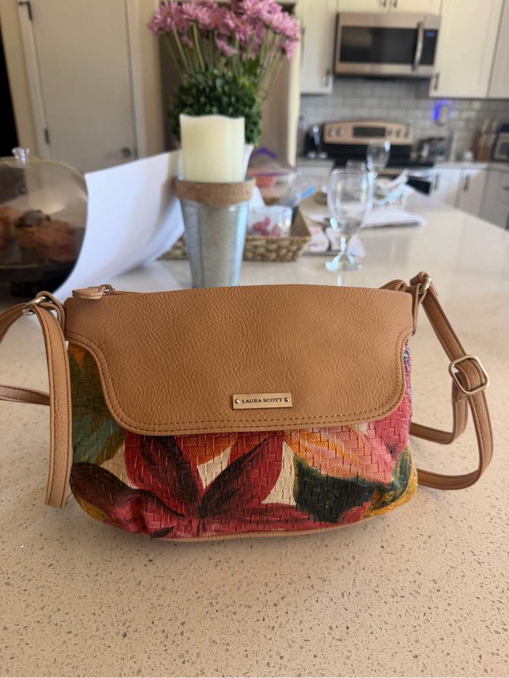 Laura Scott Tan Floral Tapestry Crossbody
